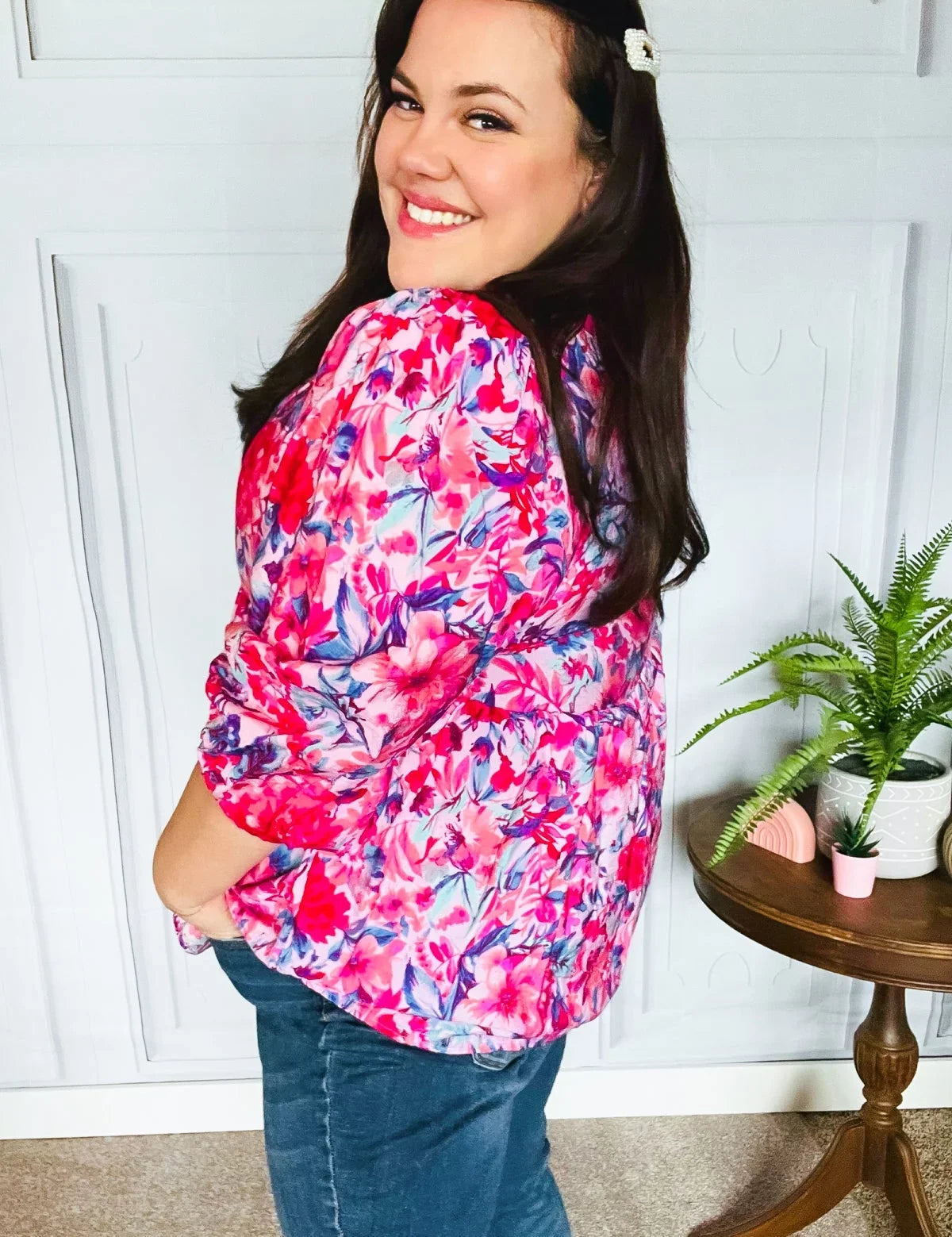 Feeling Femmi Pink & Fuchsia Floral Peplum Woven Top | Daverri Fashions
