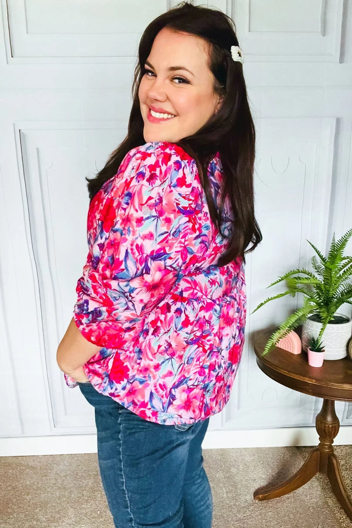 Feeling Femmi Pink & Fuchsia Floral Peplum Woven Top | Daverri Fashions