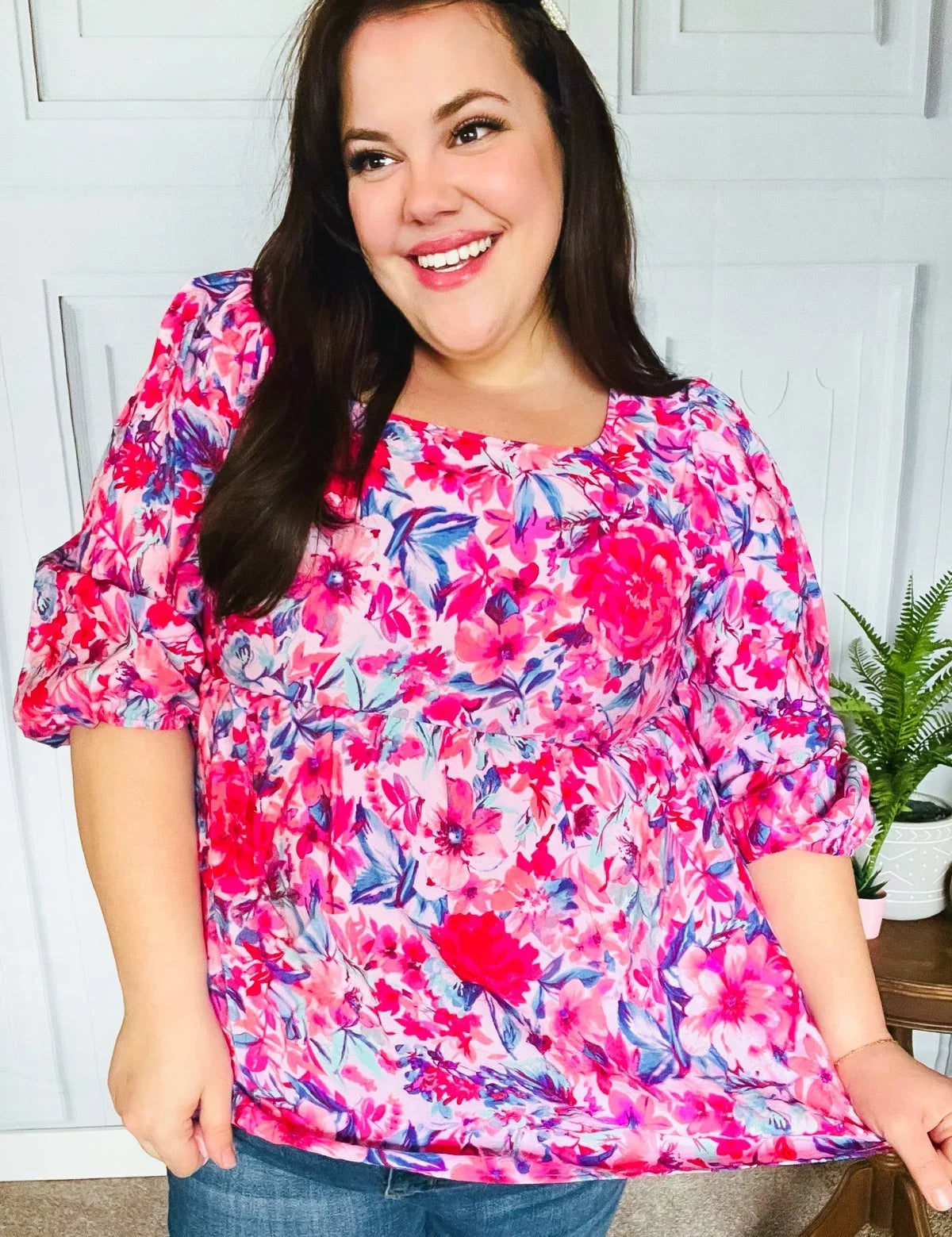 Feeling Femmi Pink & Fuchsia Floral Peplum Woven Top | Daverri Fashions