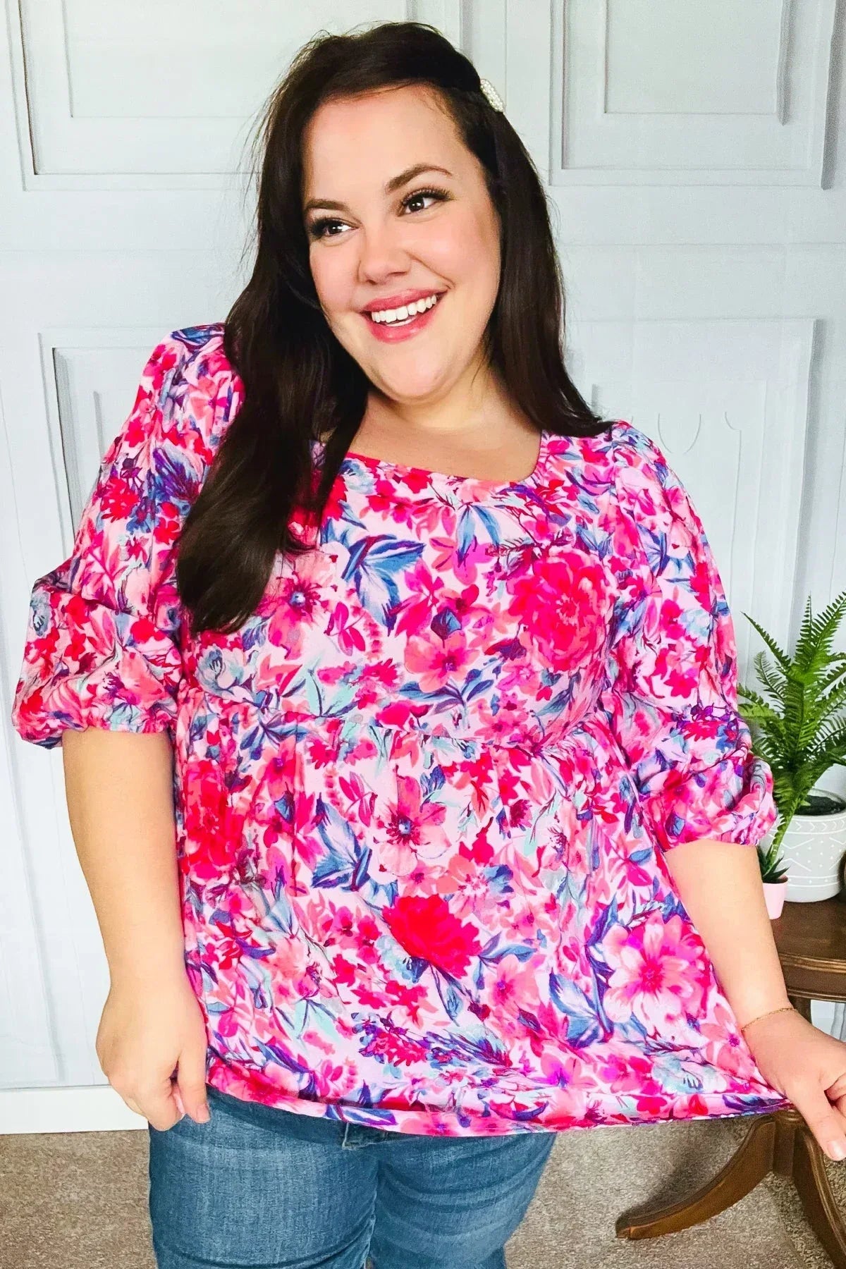 Feeling Femmi Pink & Fuchsia Floral Peplum Woven Top - DAVERRI FASHIONS