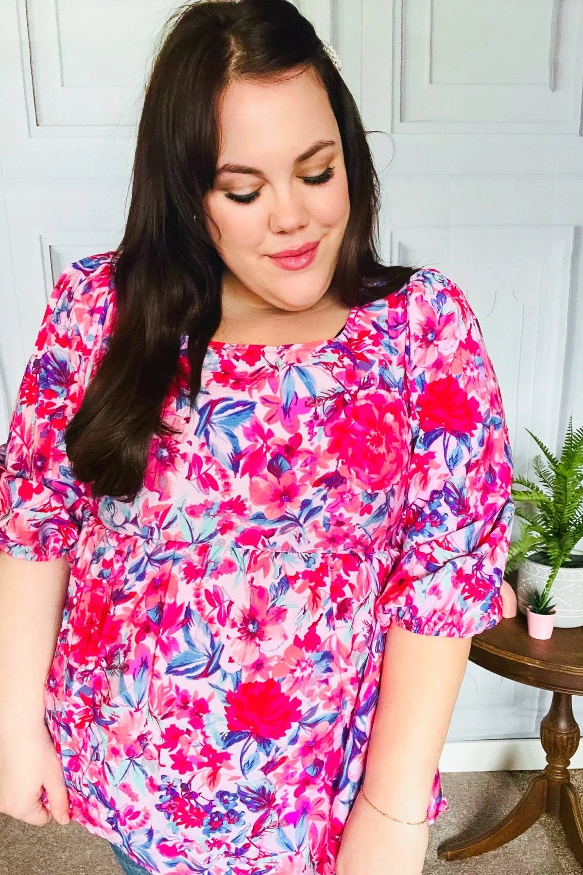 Feeling Femmi Pink & Fuchsia Floral Peplum Woven Top | Daverri Fashions