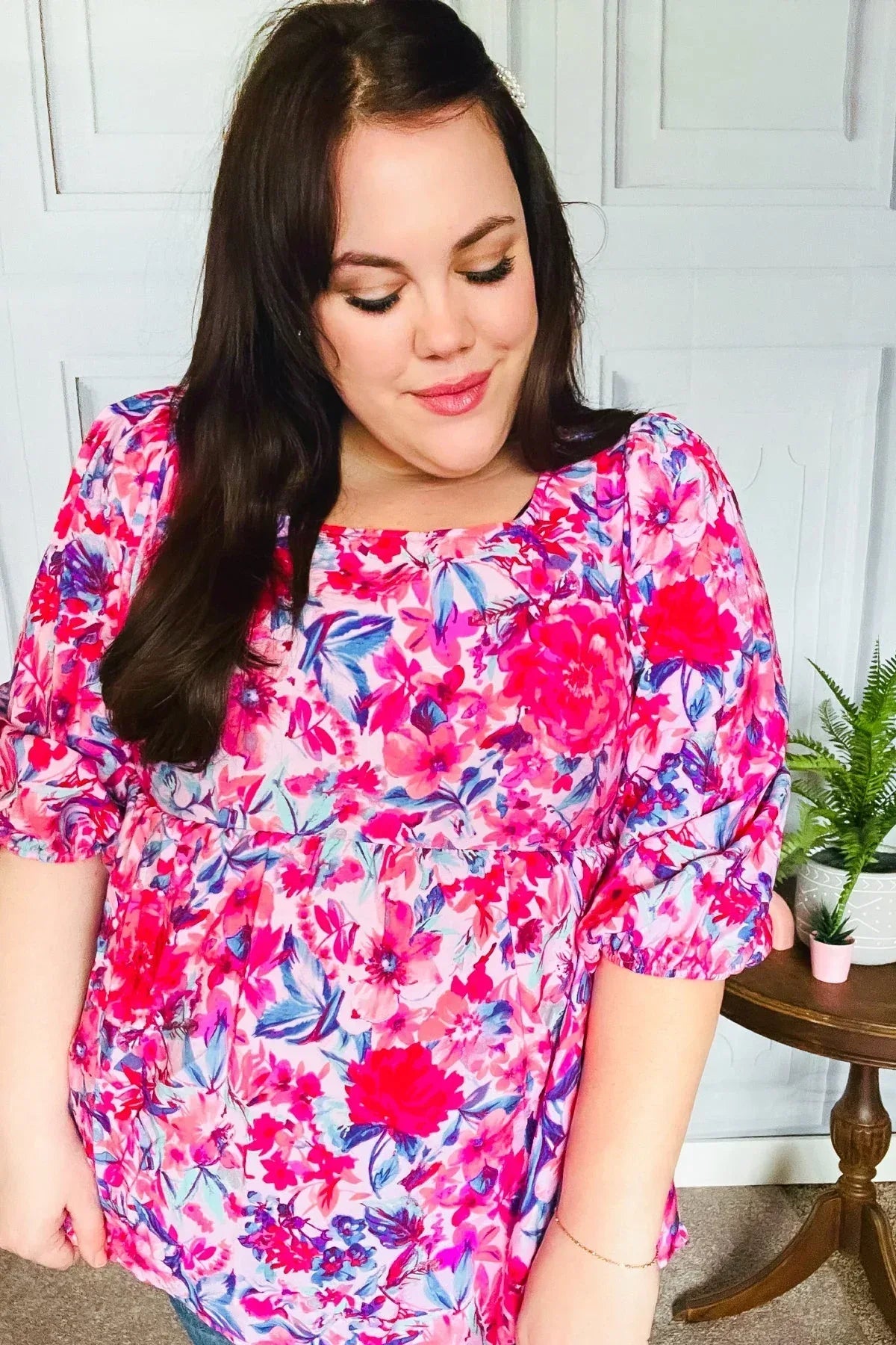 Feeling Femmi Pink & Fuchsia Floral Peplum Woven Top - DAVERRI FASHIONS