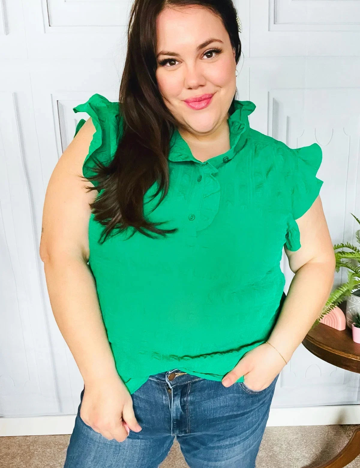 Glamorous In Kelly Green Textured Ruffle Mock Neck Top | Daverri Fashions