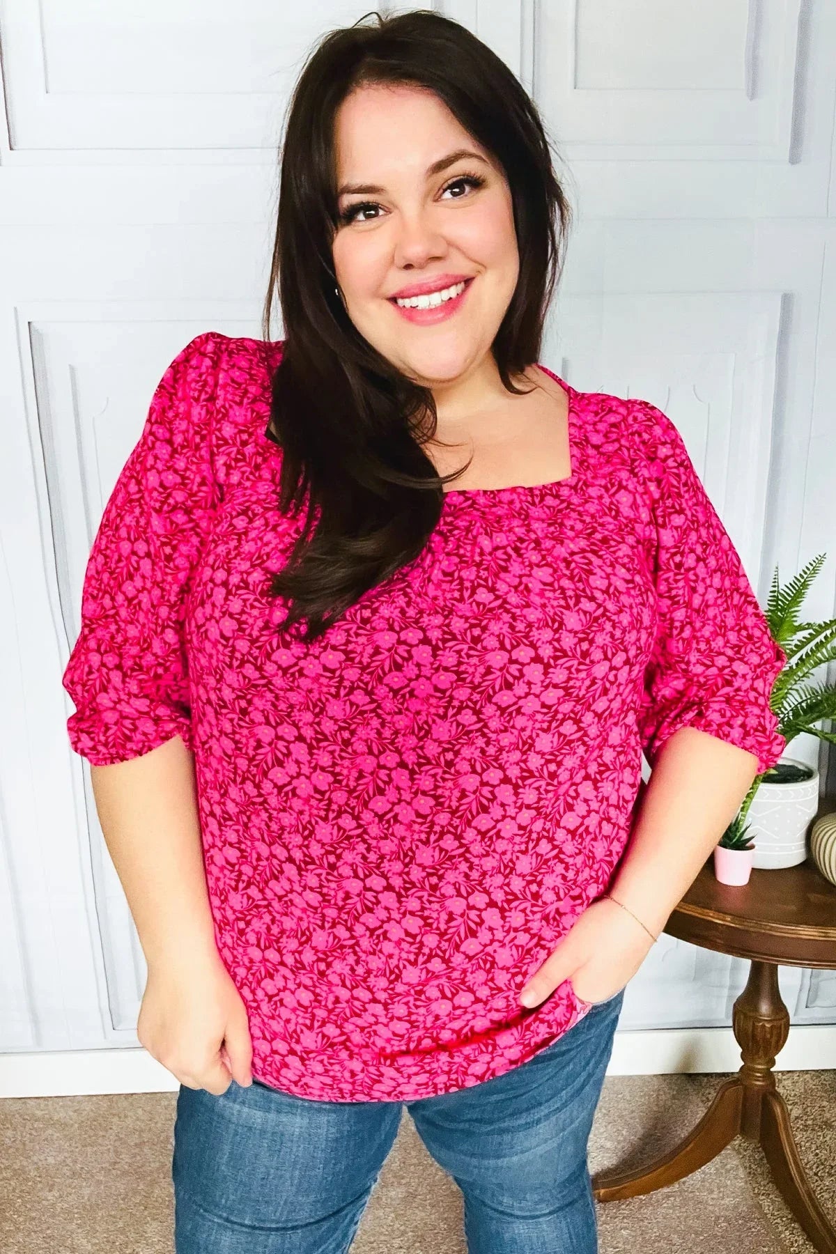 Perfectly You Fuchsia Floral Three Quarter Sleeve Square Neck Top | Daverri Fashions