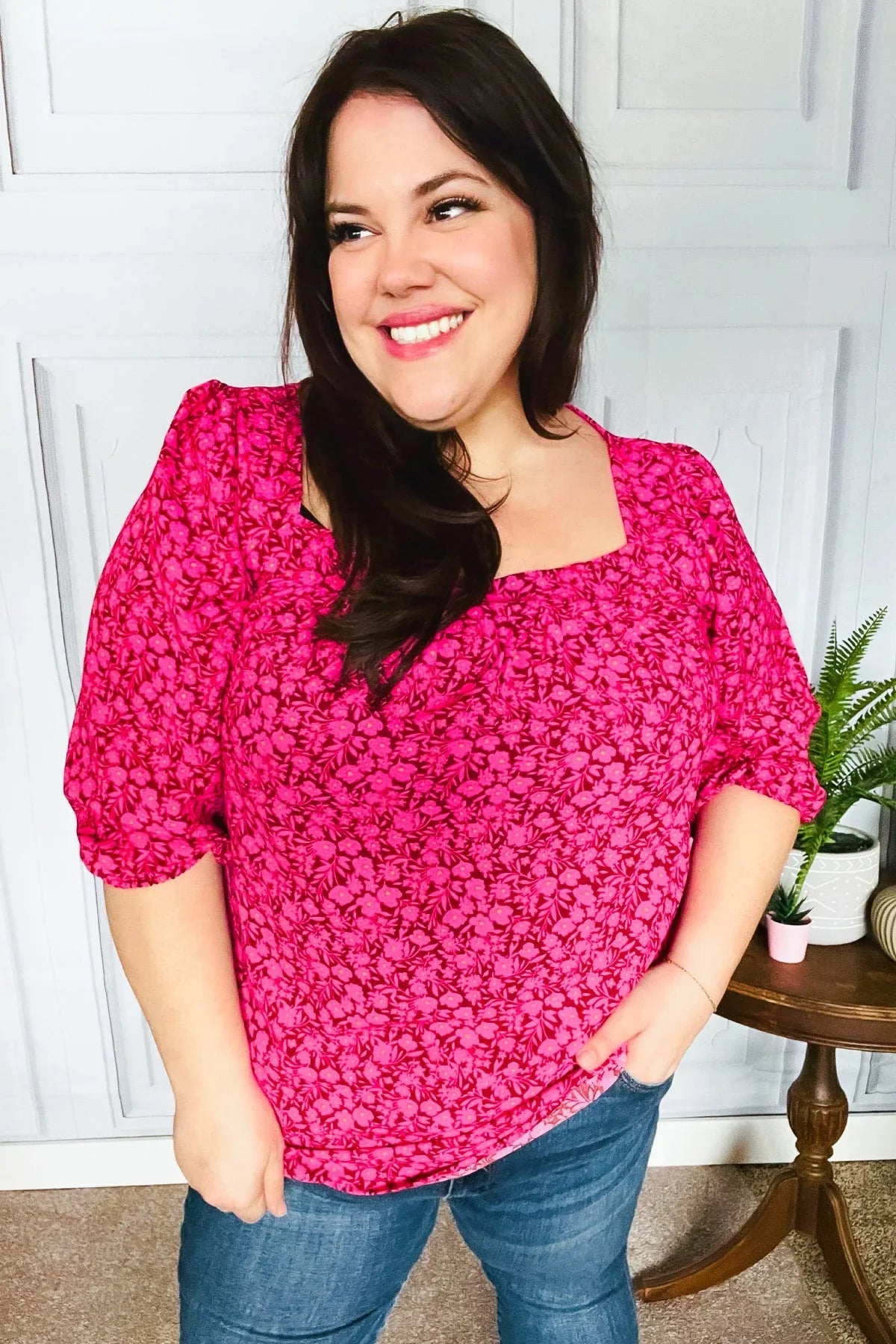 Perfectly You Fuchsia Floral Three Quarter Sleeve Square Neck Top | Daverri Fashions