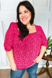Perfectly You Fuchsia Floral Three Quarter Sleeve Square Neck Top | Daverri Fashions