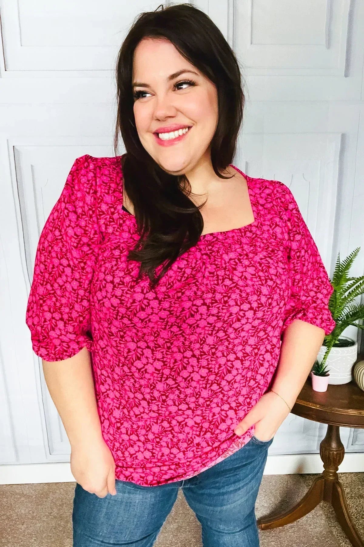 Perfectly You Fuchsia Floral Three Quarter Sleeve Square Neck Top - DAVERRI FASHIONS