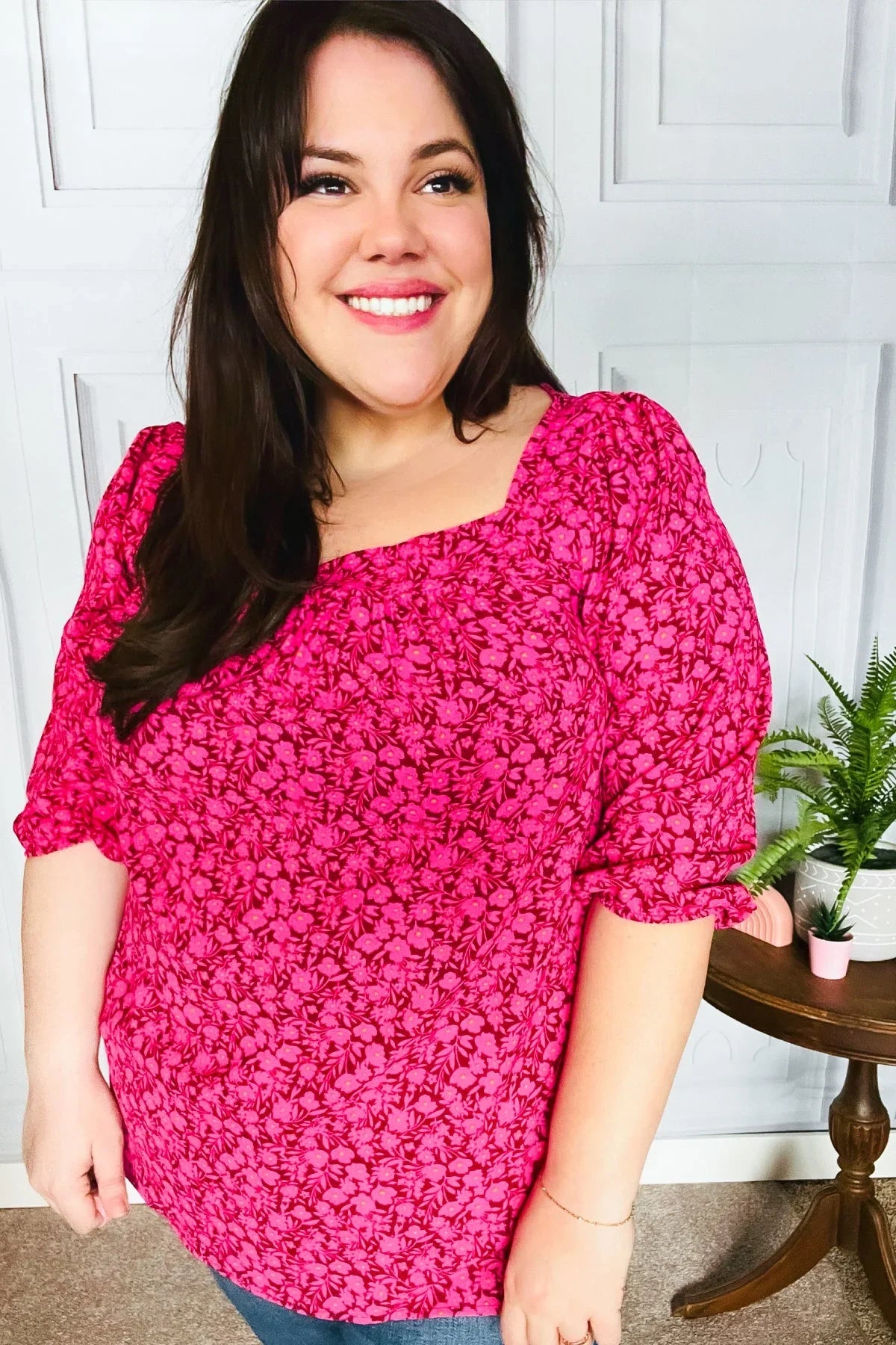 Perfectly You Fuchsia Floral Three Quarter Sleeve Square Neck Top | Daverri Fashions