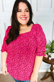 Perfectly You Fuchsia Floral Three Quarter Sleeve Square Neck Top | Daverri Fashions