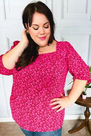 Perfectly You Fuchsia Floral Three Quarter Sleeve Square Neck Top | Daverri Fashions