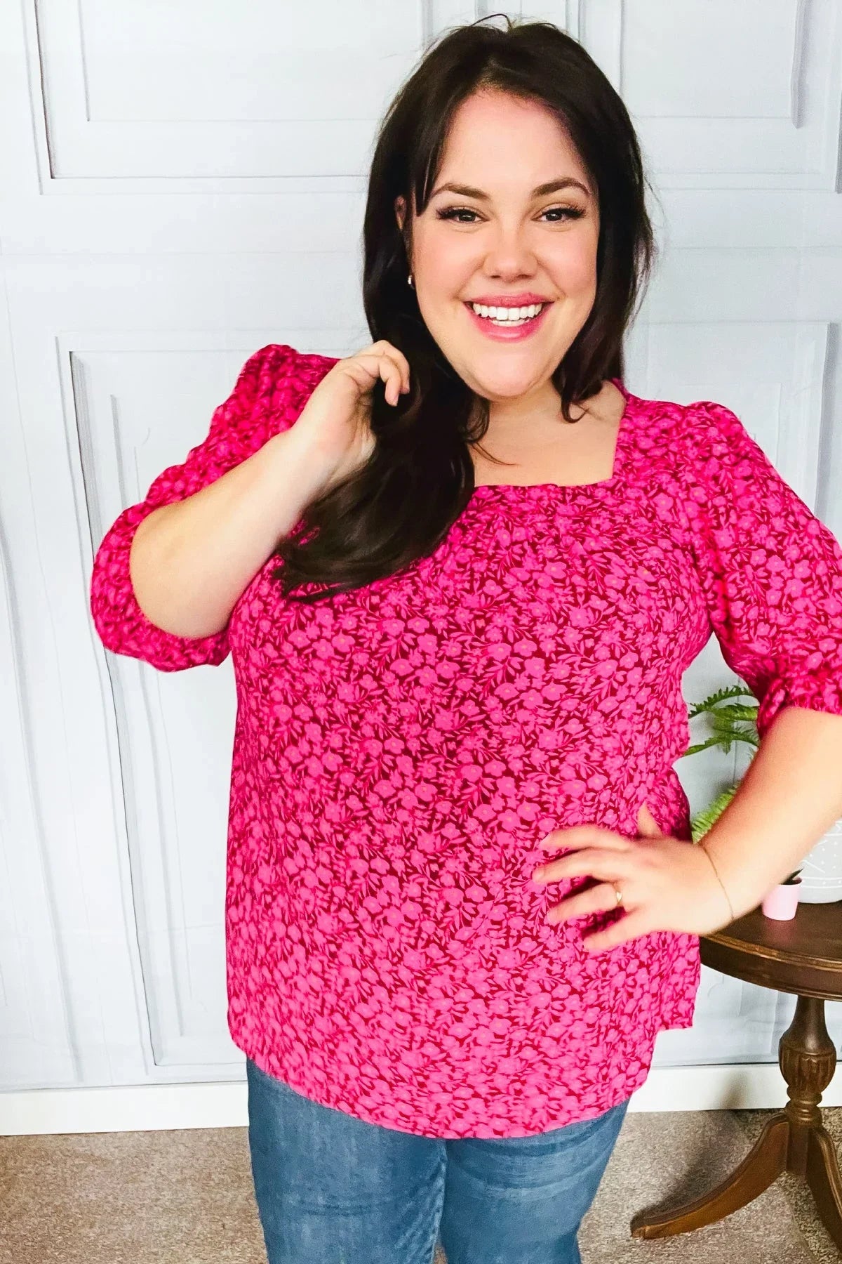 Perfectly You Fuchsia Floral Three Quarter Sleeve Square Neck Top | Daverri Fashions