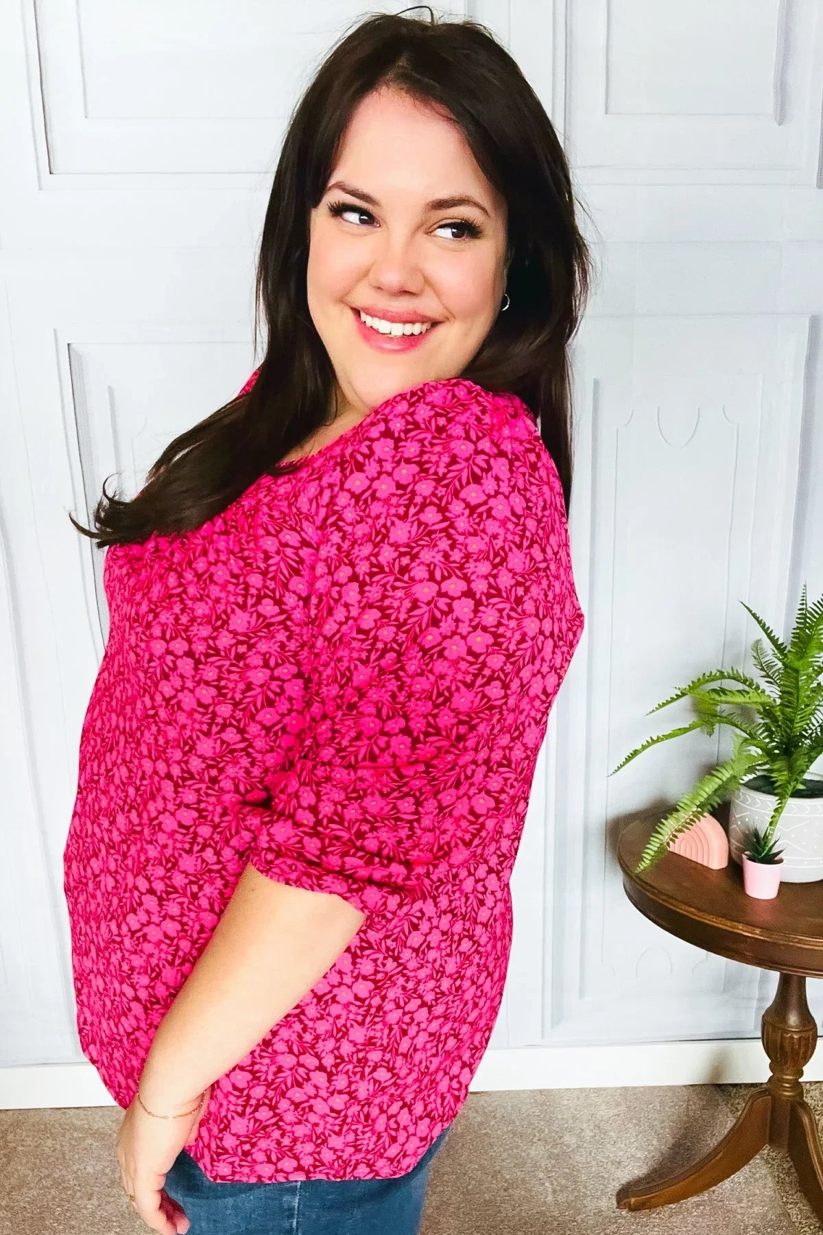 Perfectly You Fuchsia Floral Three Quarter Sleeve Square Neck Top | Daverri Fashions