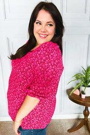 Perfectly You Fuchsia Floral Three Quarter Sleeve Square Neck Top | Daverri Fashions