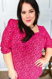 Perfectly You Fuchsia Floral Three Quarter Sleeve Square Neck Top | Daverri Fashions
