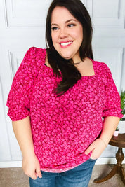 Perfectly You Fuchsia Floral Three Quarter Sleeve Square Neck Top | Daverri Fashions