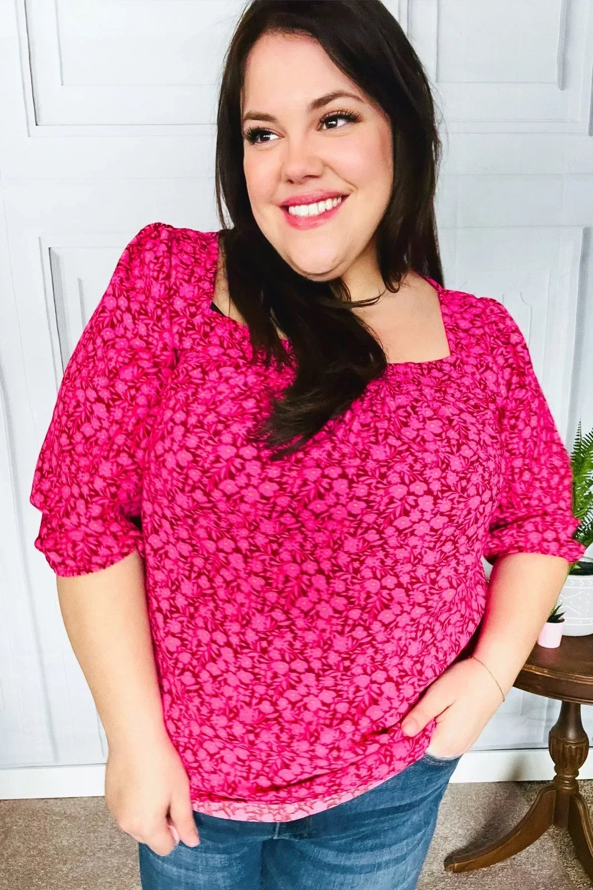 Perfectly You Fuchsia Floral Three Quarter Sleeve Square Neck Top - DAVERRI FASHIONS