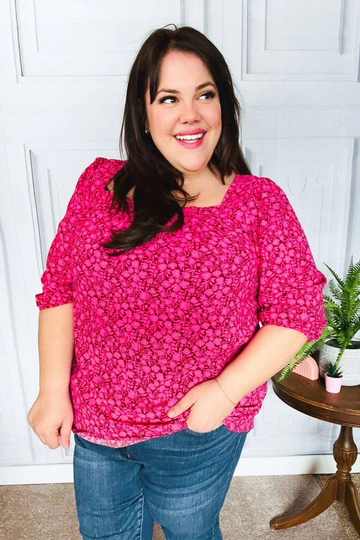 Perfectly You Fuchsia Floral Three Quarter Sleeve Square Neck Top | Daverri Fashions