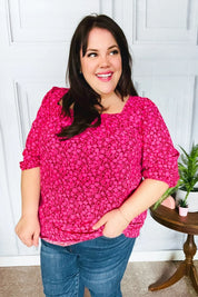 Perfectly You Fuchsia Floral Three Quarter Sleeve Square Neck Top | Daverri Fashions