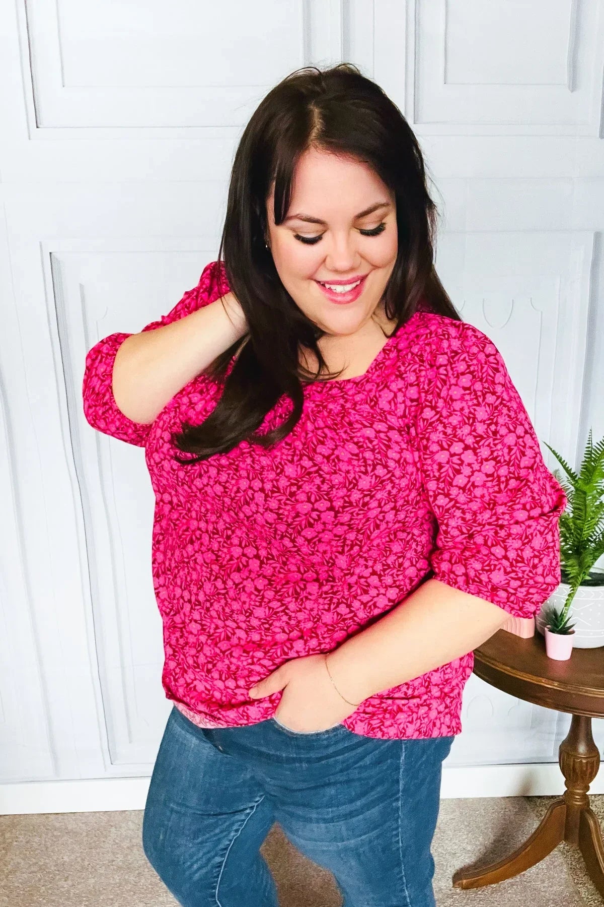 Perfectly You Fuchsia Floral Three Quarter Sleeve Square Neck Top | Daverri Fashions