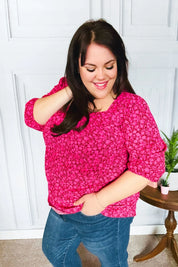 Perfectly You Fuchsia Floral Three Quarter Sleeve Square Neck Top | Daverri Fashions