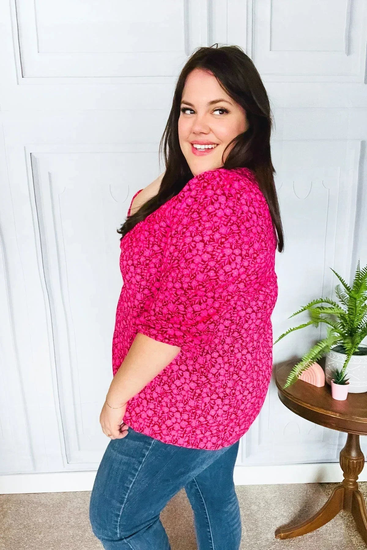 Perfectly You Fuchsia Floral Three Quarter Sleeve Square Neck Top - DAVERRI FASHIONS
