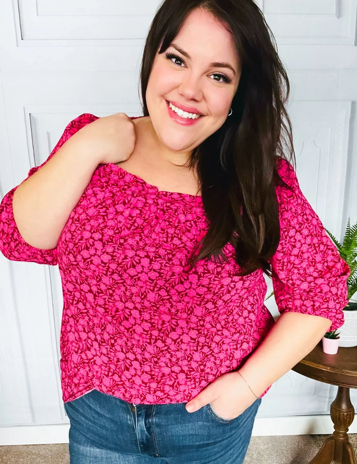 Perfectly You Fuchsia Floral Three Quarter Sleeve Square Neck Top | Daverri Fashions