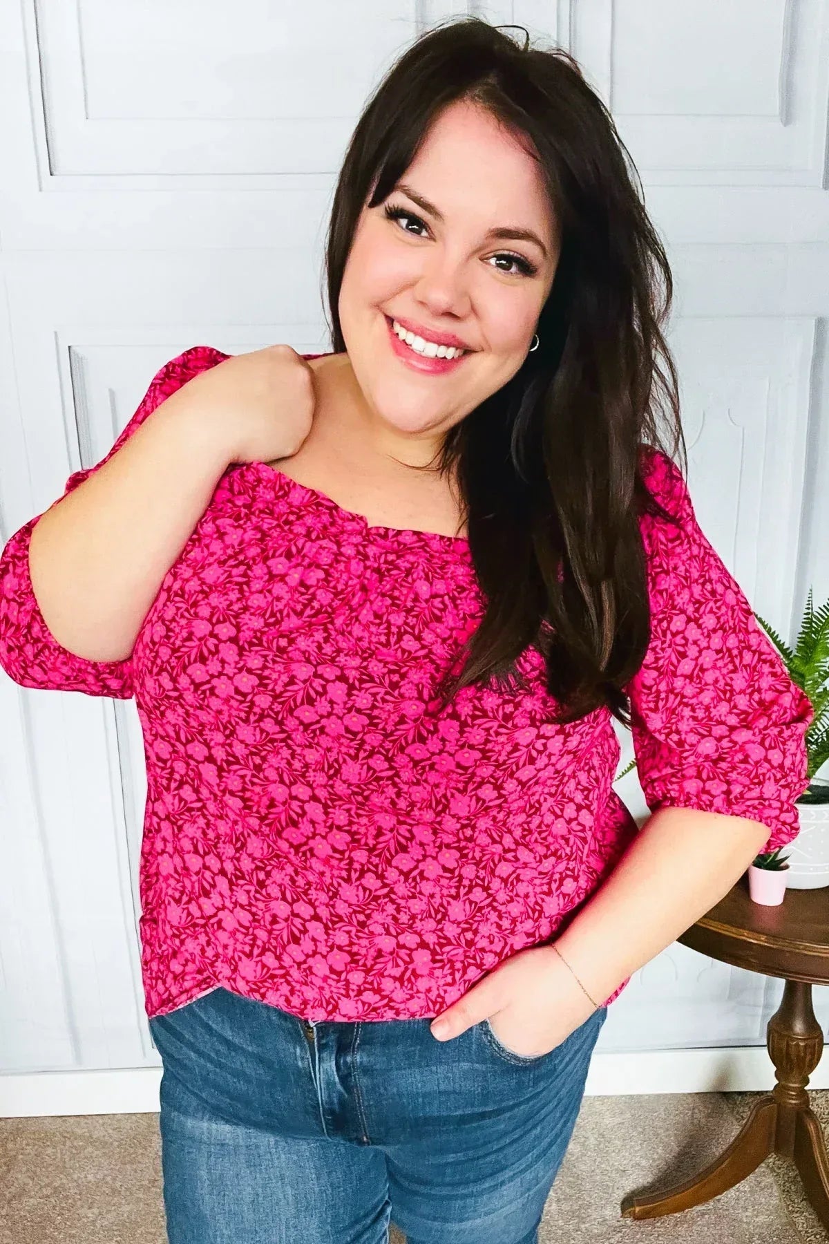 Perfectly You Fuchsia Floral Three Quarter Sleeve Square Neck Top - DAVERRI FASHIONS