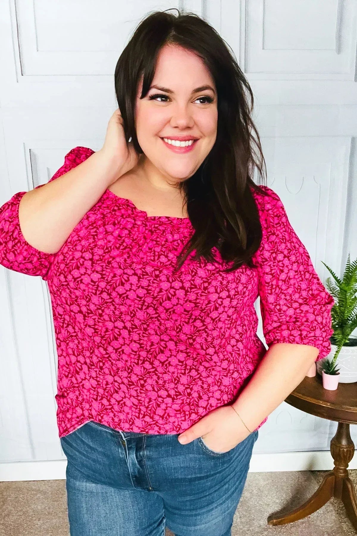 Perfectly You Fuchsia Floral Three Quarter Sleeve Square Neck Top - DAVERRI FASHIONS