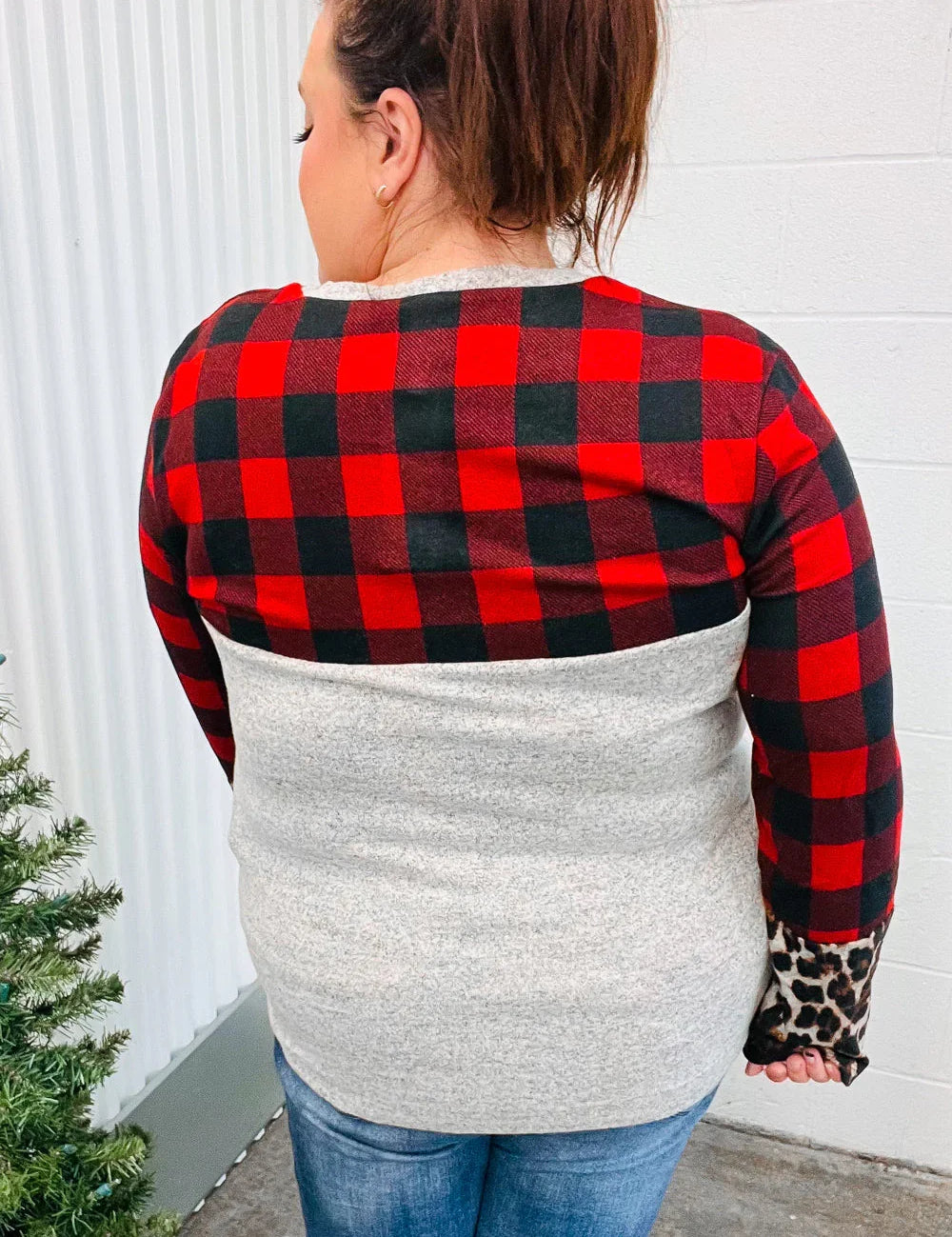 All Of Me Grey & Red Plaid Animal Print Pocketed Top | Daverri Fashions