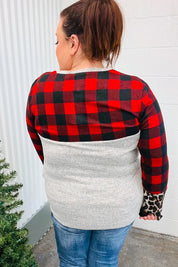 All Of Me Grey & Red Plaid Animal Print Pocketed Top | Daverri Fashions