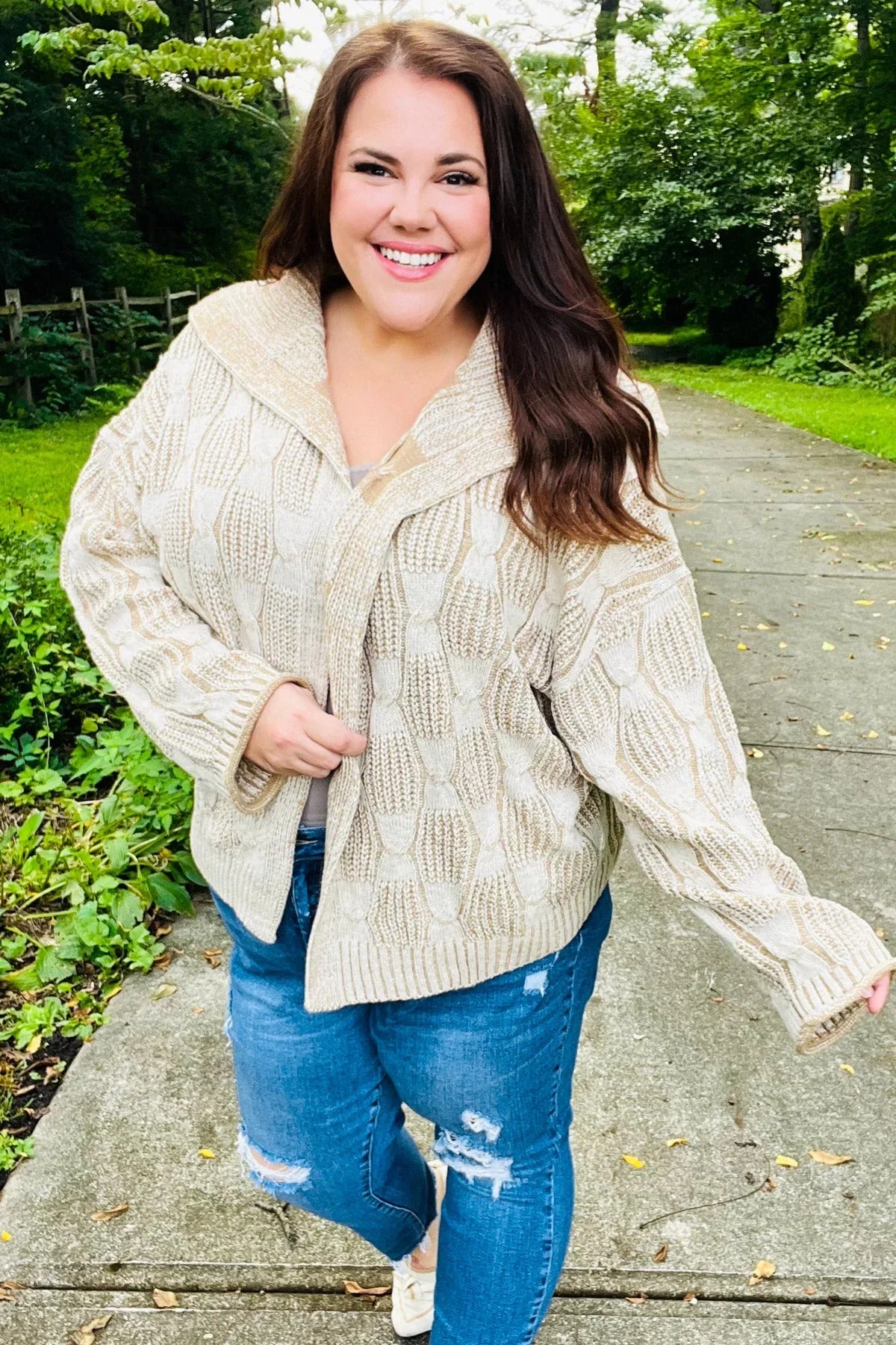Plus size cream cable knit hooded cardigan with bell sleeves