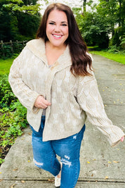 Plus size cream cable knit hooded cardigan with bell sleeves