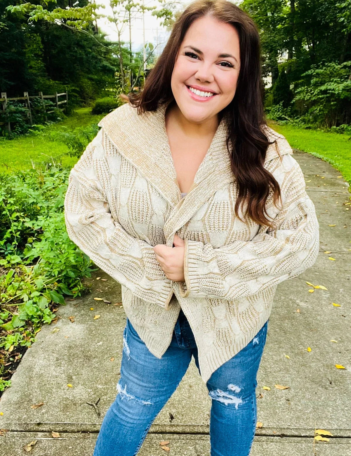 Autumn Vibes Taupe Textured Cable Knit Collared Cardigan | Daverri Fashions