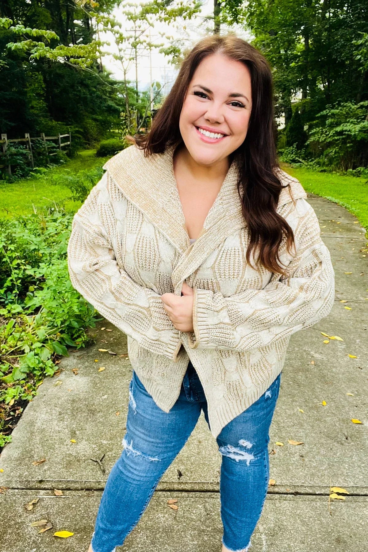 Autumn Vibes Taupe Textured Cable Knit Hooded Cardigan with Pockets and Distressed Jeans