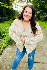Autumn Vibes Taupe Textured Cable Knit Hooded Cardigan with Pockets and Distressed Jeans