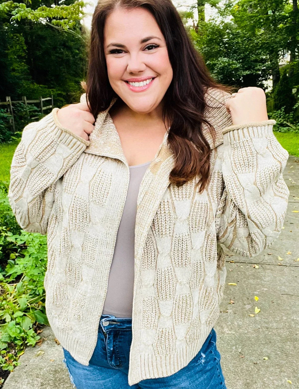 Autumn Vibes Taupe Textured Cable Knit Collared Cardigan | Daverri Fashions