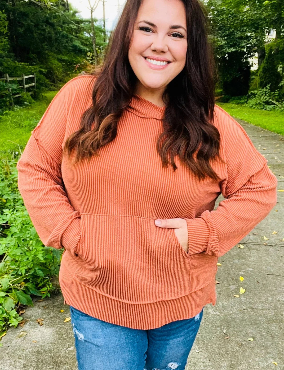 Cozy Days Rust Mineral Wash Rib Knit Hoodie | Daverri Fashions