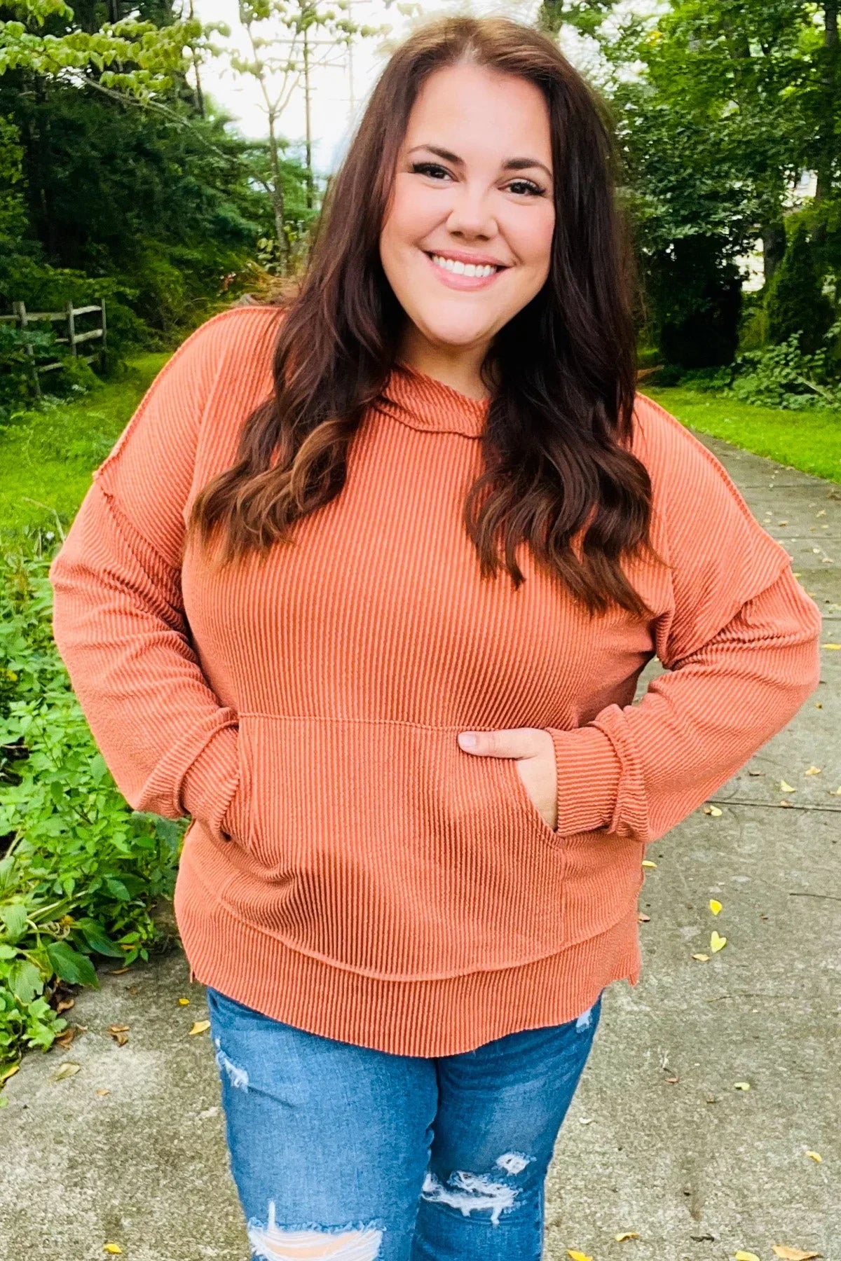 Cozy Days Rust Mineral Wash Rib Knit Hoodie | Daverri Fashions