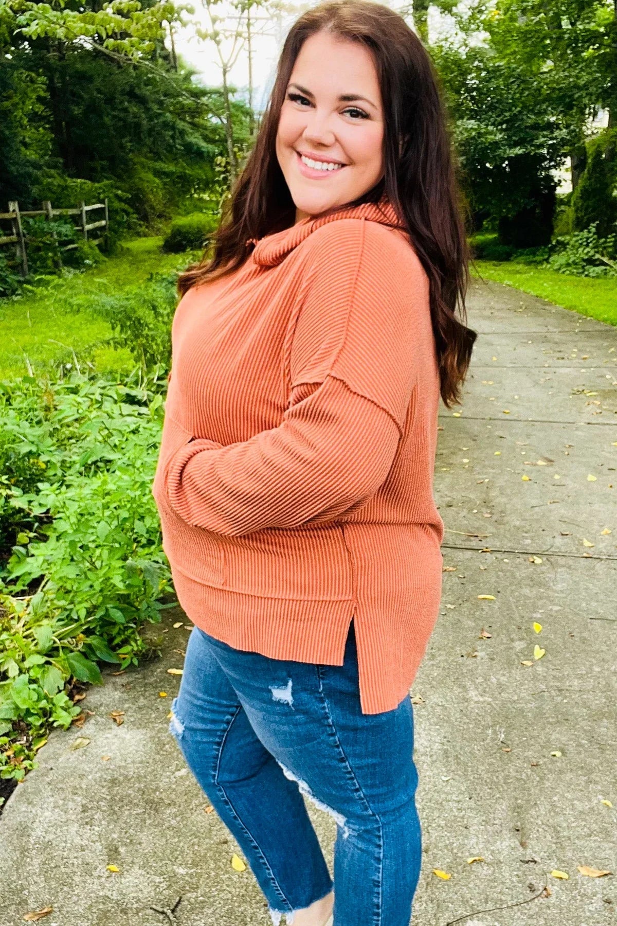 Cozy Days Rust Mineral Wash Rib Knit Hoodie | Daverri Fashions