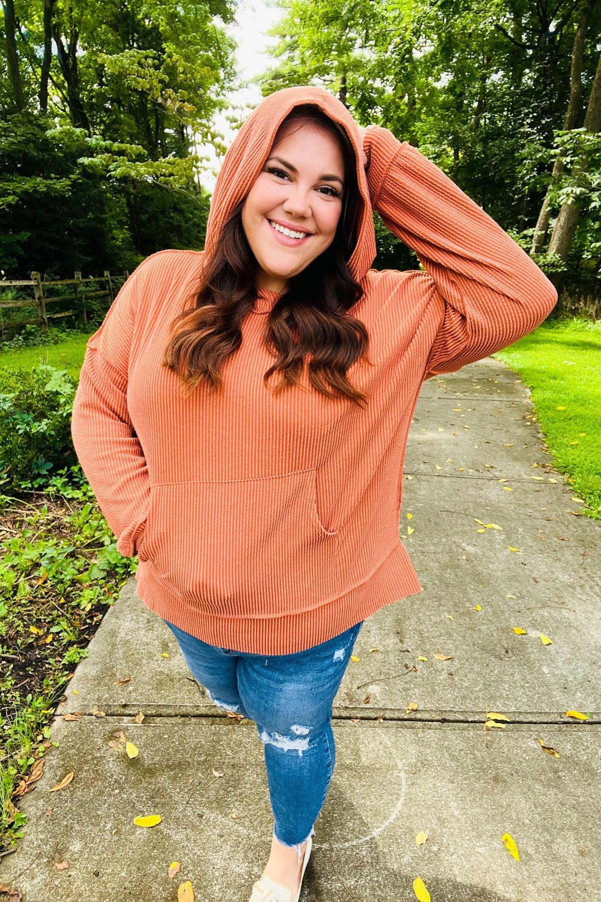 Cozy Days Rust Mineral Wash Rib Knit Hoodie | Daverri Fashions