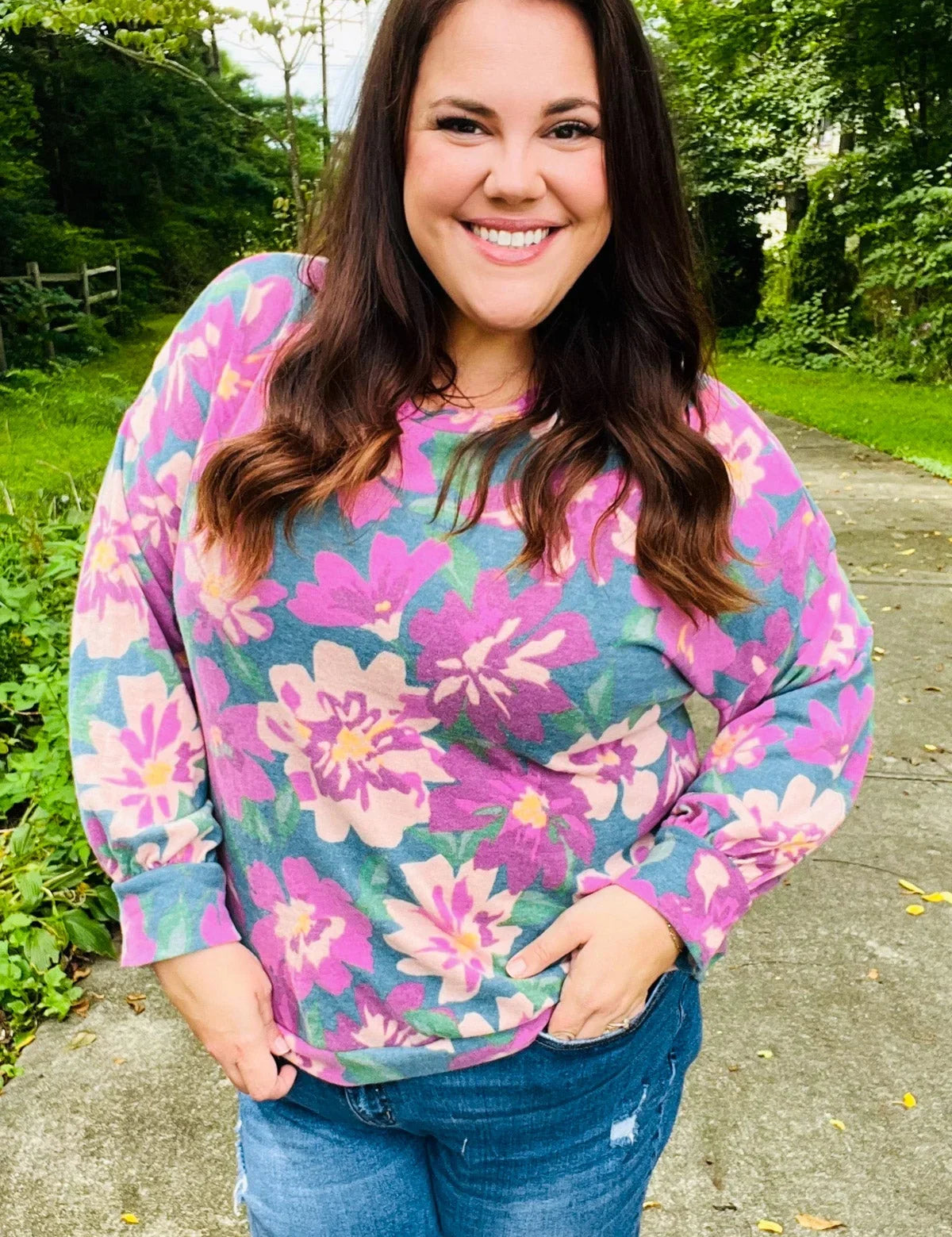 Feeling Femme Teal Floral Brushed Hacci Sweater Top | Daverri Fashions