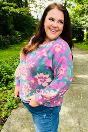 Feeling Femme Teal Floral Brushed Hacci Sweater Top | Daverri Fashions