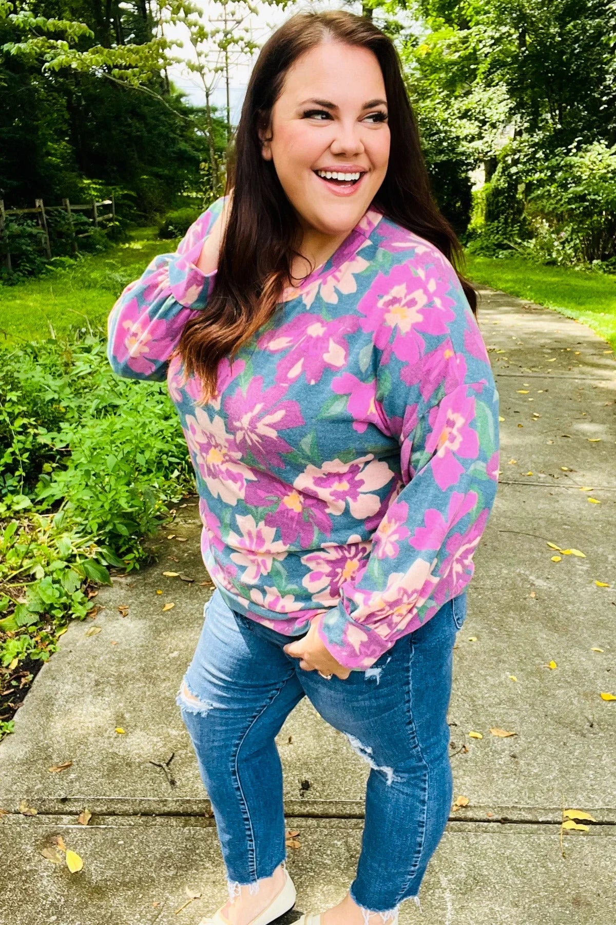 Feeling Femme Teal Floral Brushed Hacci Sweater Top | Daverri Fashions