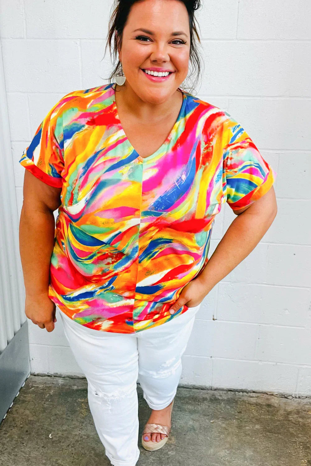 Watercolor Paint Strokes V Neck Top | Daverri Fashions