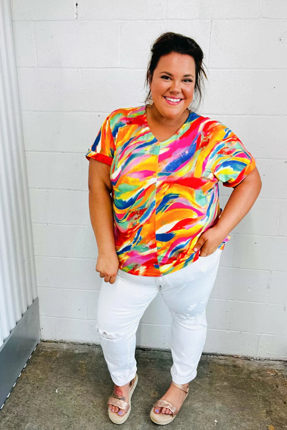 Watercolor Paint Strokes V Neck Top | Daverri Fashions