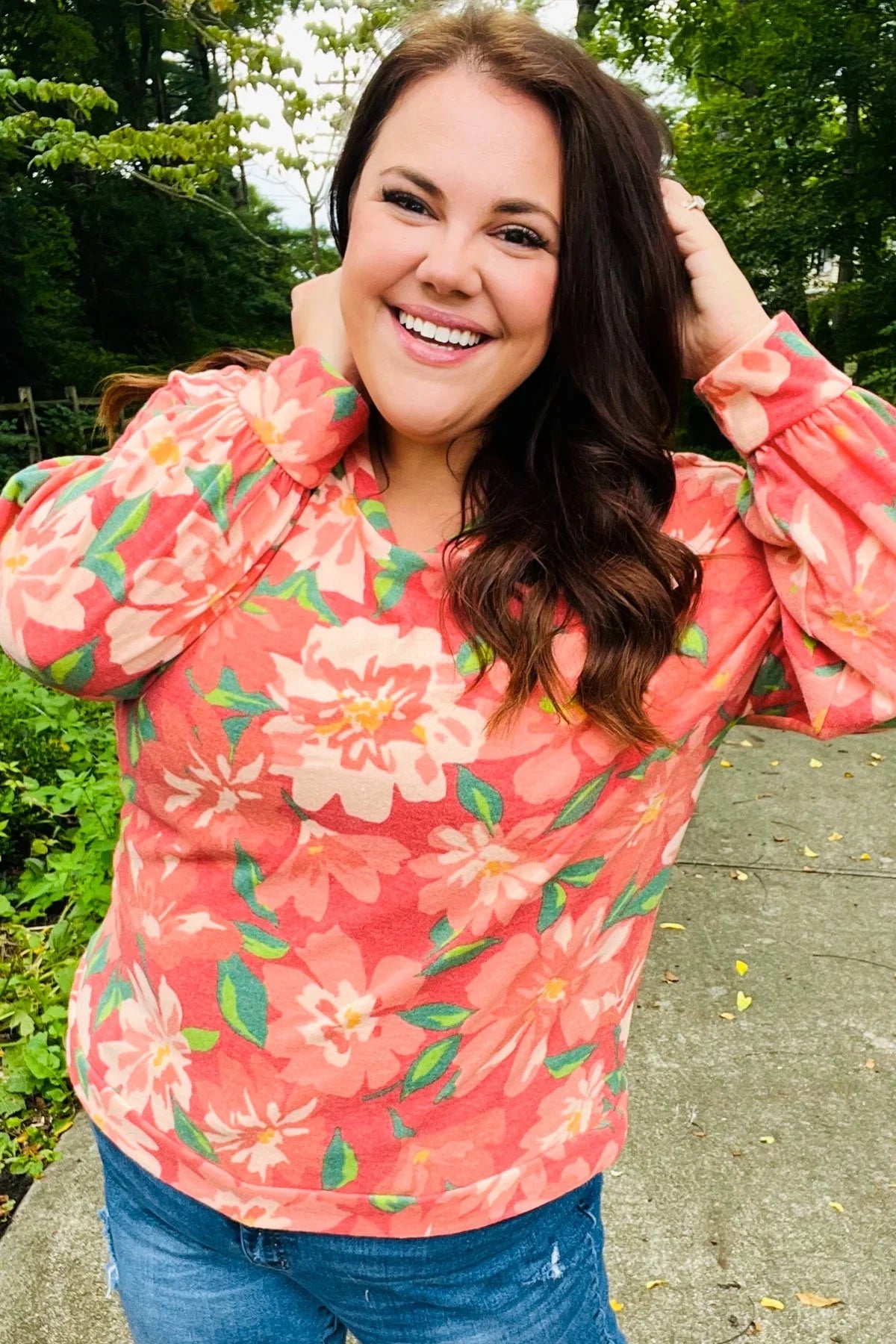 Feeling Femme Red Floral Brushed Hacci Sweater Top | Daverri Fashions