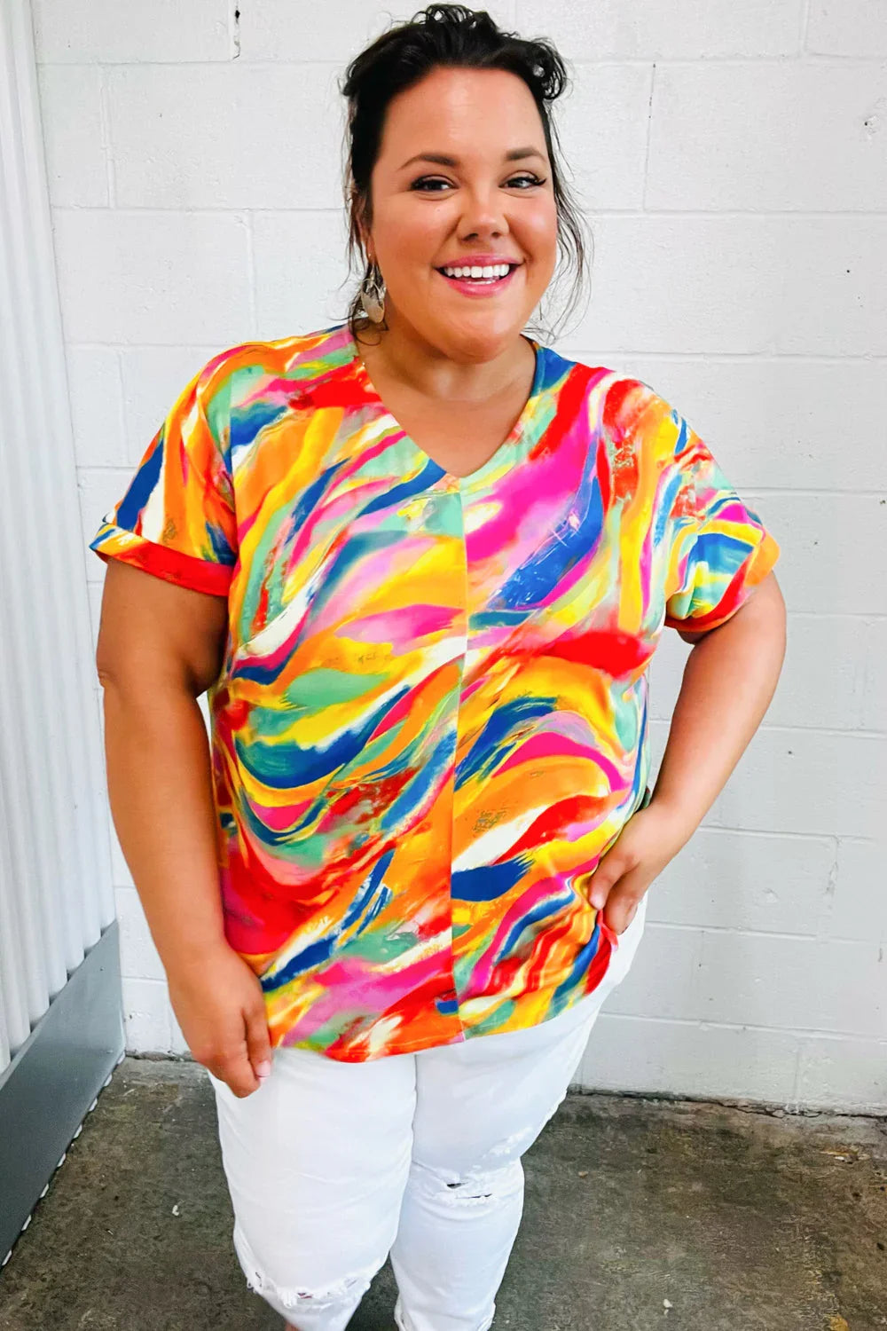 Watercolor Paint Strokes V Neck Top | Daverri Fashions
