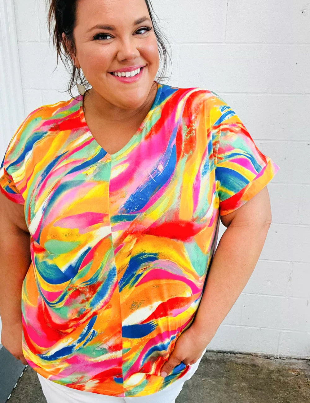 Watercolor Paint Strokes V Neck Top | Daverri Fashions