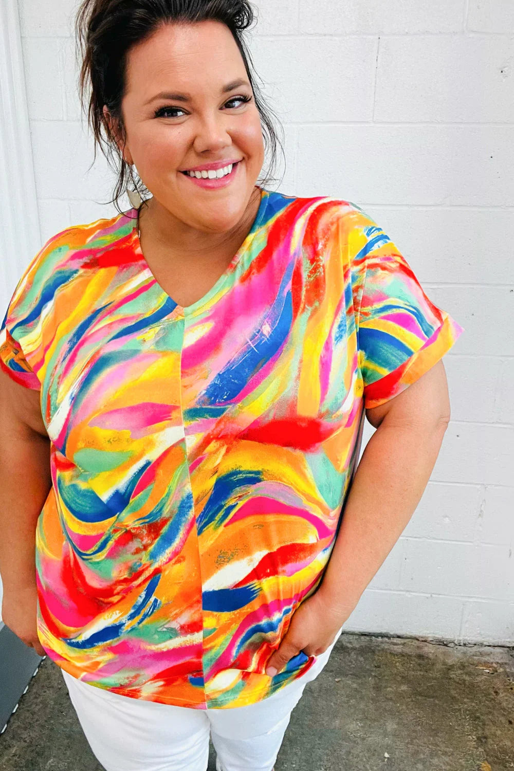 Watercolor Paint Strokes V Neck Top | Daverri Fashions