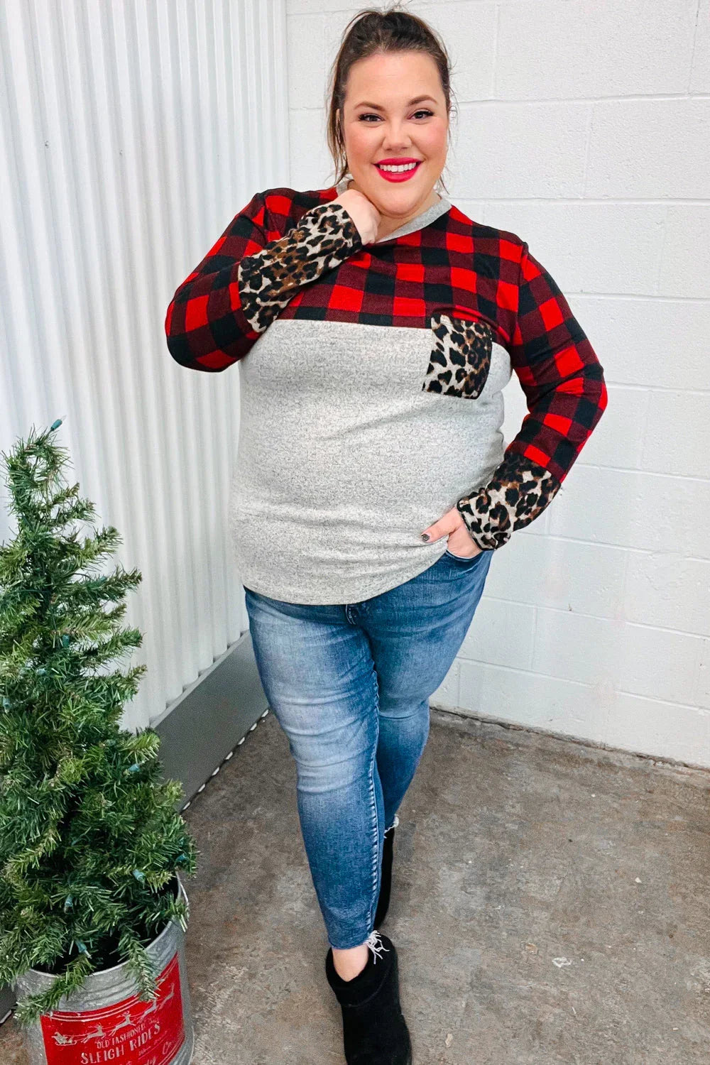 All Of Me Grey & Red Plaid Animal Print Pocketed Top | Daverri Fashions